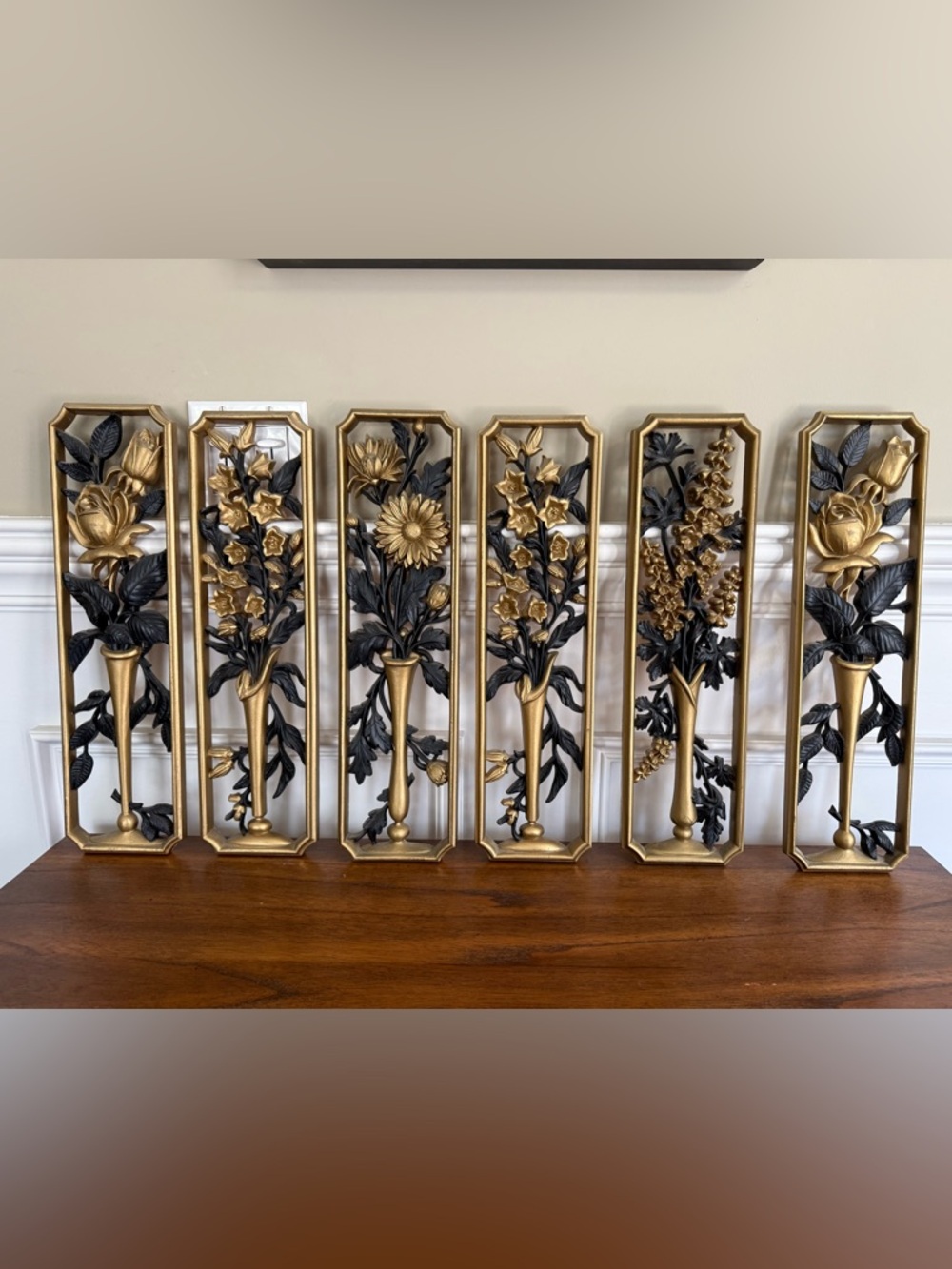 Gold and Black Floral Panel Wall Art Set of 7 - Elegant Botanical Decor